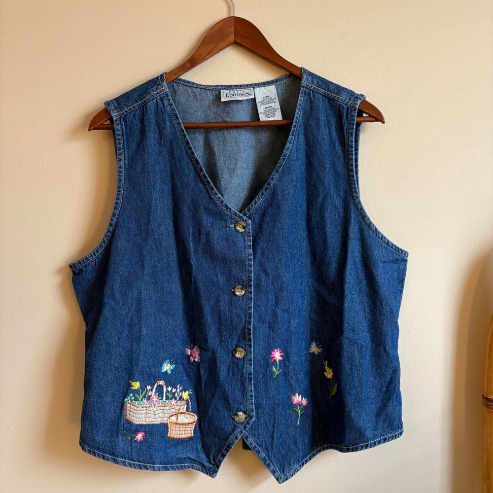 Vtg 90's Basic Editions Womens Embroidered Spring Cottage Embroiderd Denim Vest